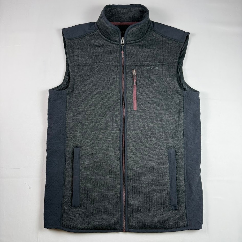 Orvis Mens Gray Full Zip Sweater Fleece Hybrid Vest Quilted Panels Size Medium